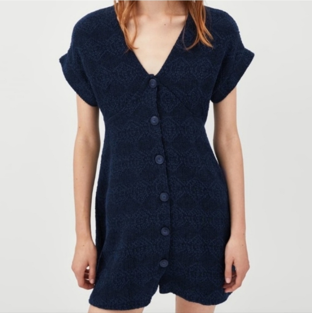 Zara TRF Collection Black and Blue diamond pattern Tweed Button Down Dress